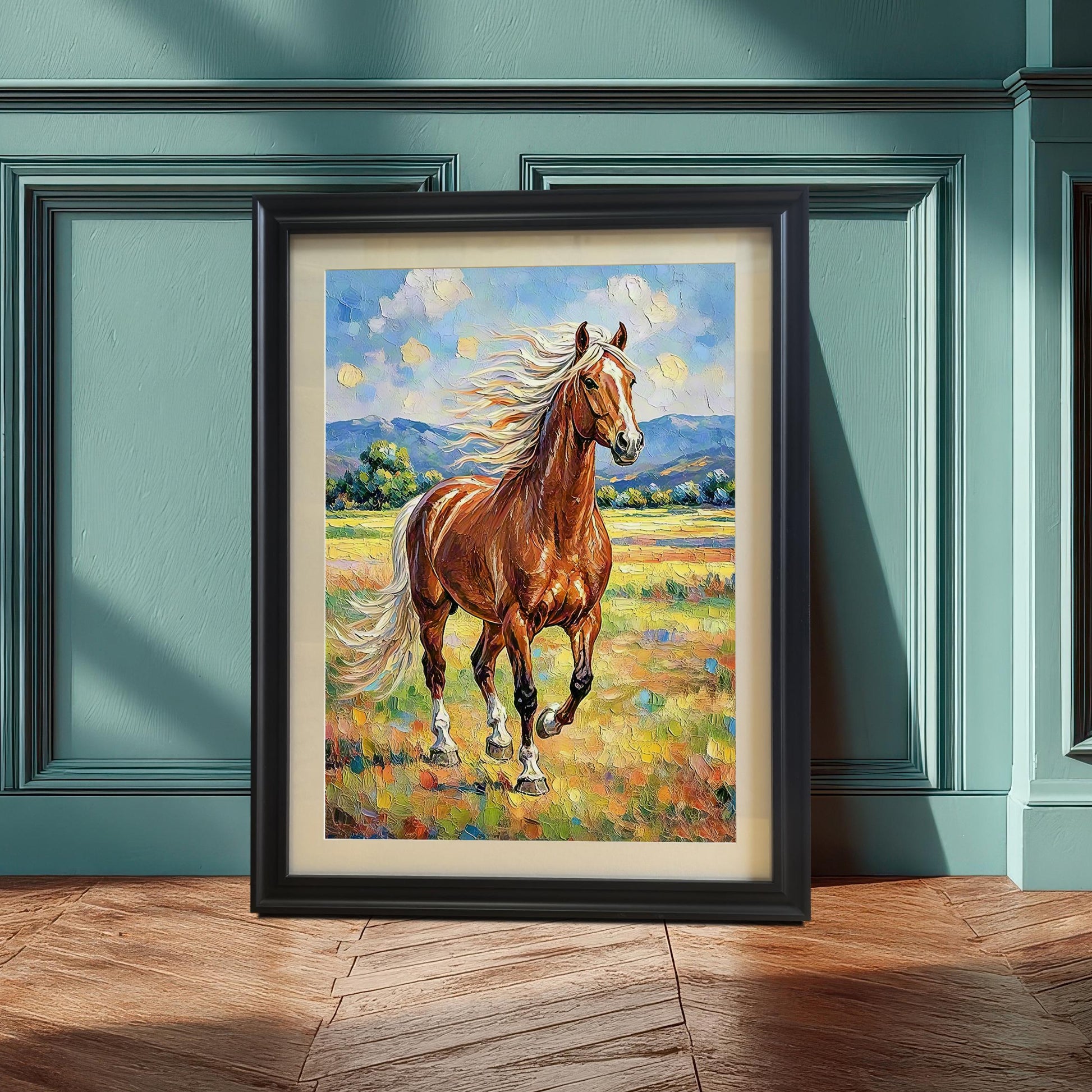 Black-framed oil painting of a chestnut horse, leaning on a wooden floor against a teal paneled wall.