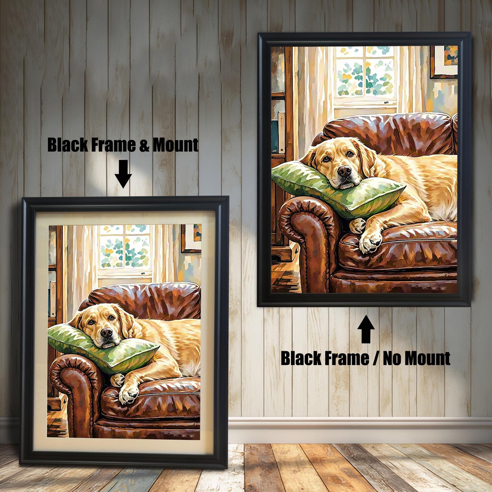 Painting of a Labrador on a leather couch, shown in two black frames: "Black Frame & Mount" (with mat) and "Black Frame / No Mount" (no mat).