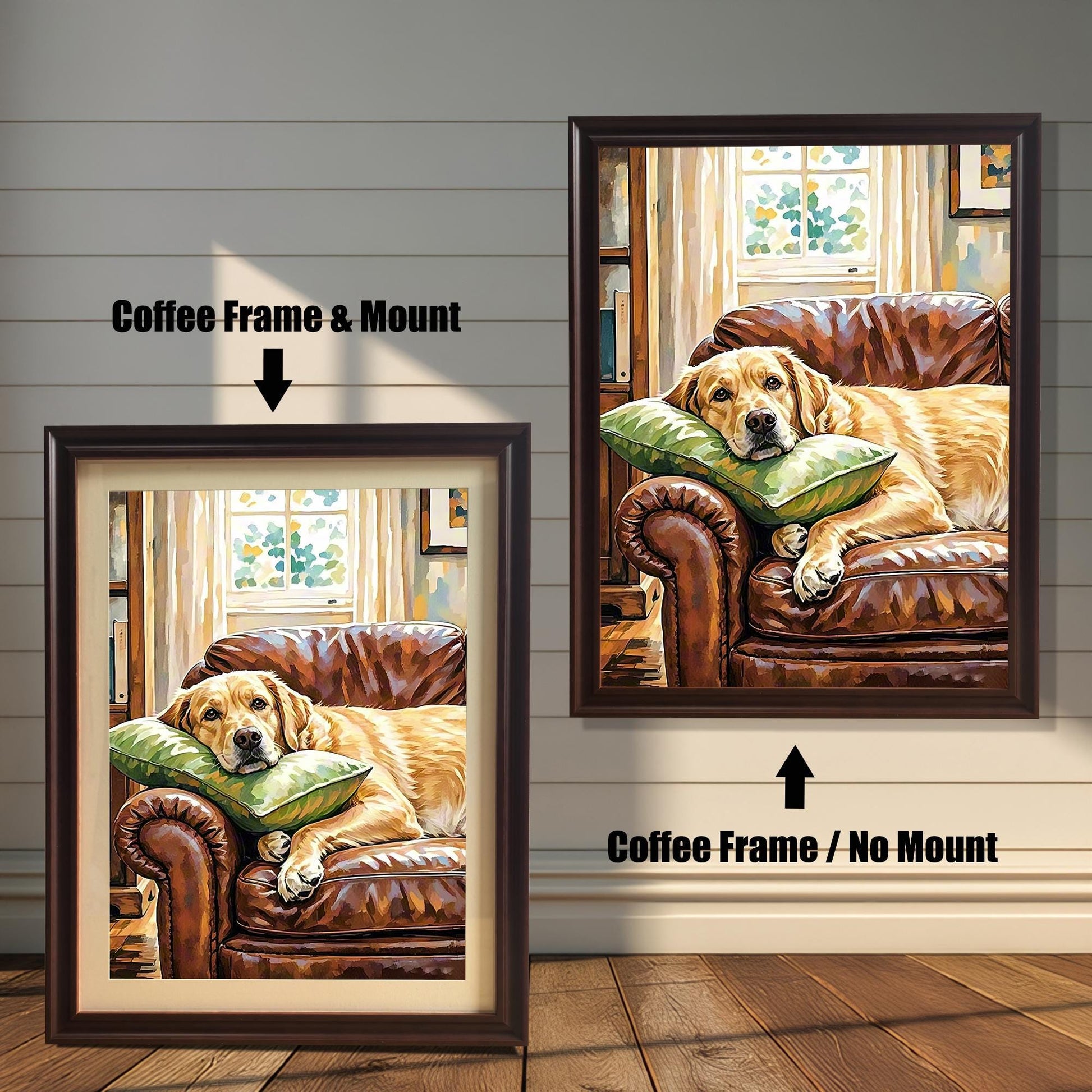 Painting of a Labrador on a leather couch, shown in two coffee-brown frames: "Coffee Frame & Mount" (with mat) and "Coffee Frame / No Mount" (no mat).