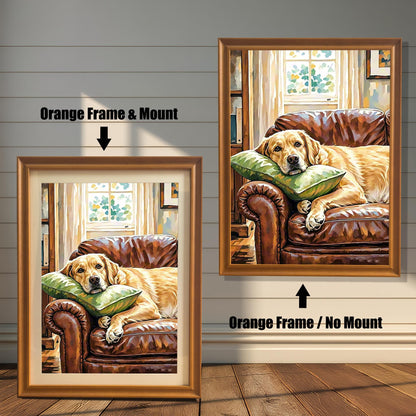 Painting of a Labrador on a leather couch, shown in two orange frames: "Orange Frame & Mount" (with mat) and "Orange Frame / No Mount" (no mat).