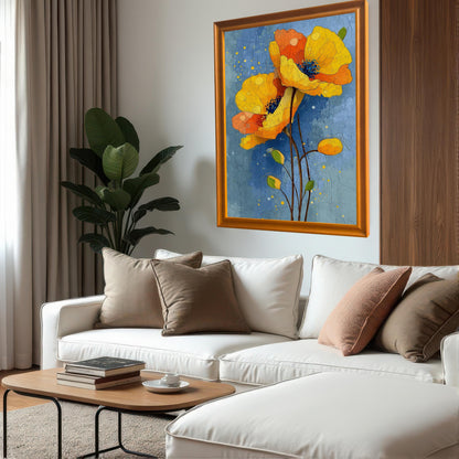 A large, orange-framed painting of two yellow and orange poppies hangs on a white wall above a long, white sectional sofa in a modern living room.
