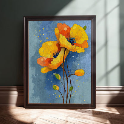 A coffee-colored framed painting of two yellow and orange poppies is leaning on the floor against a dark green wall in a room with a wooden floor.