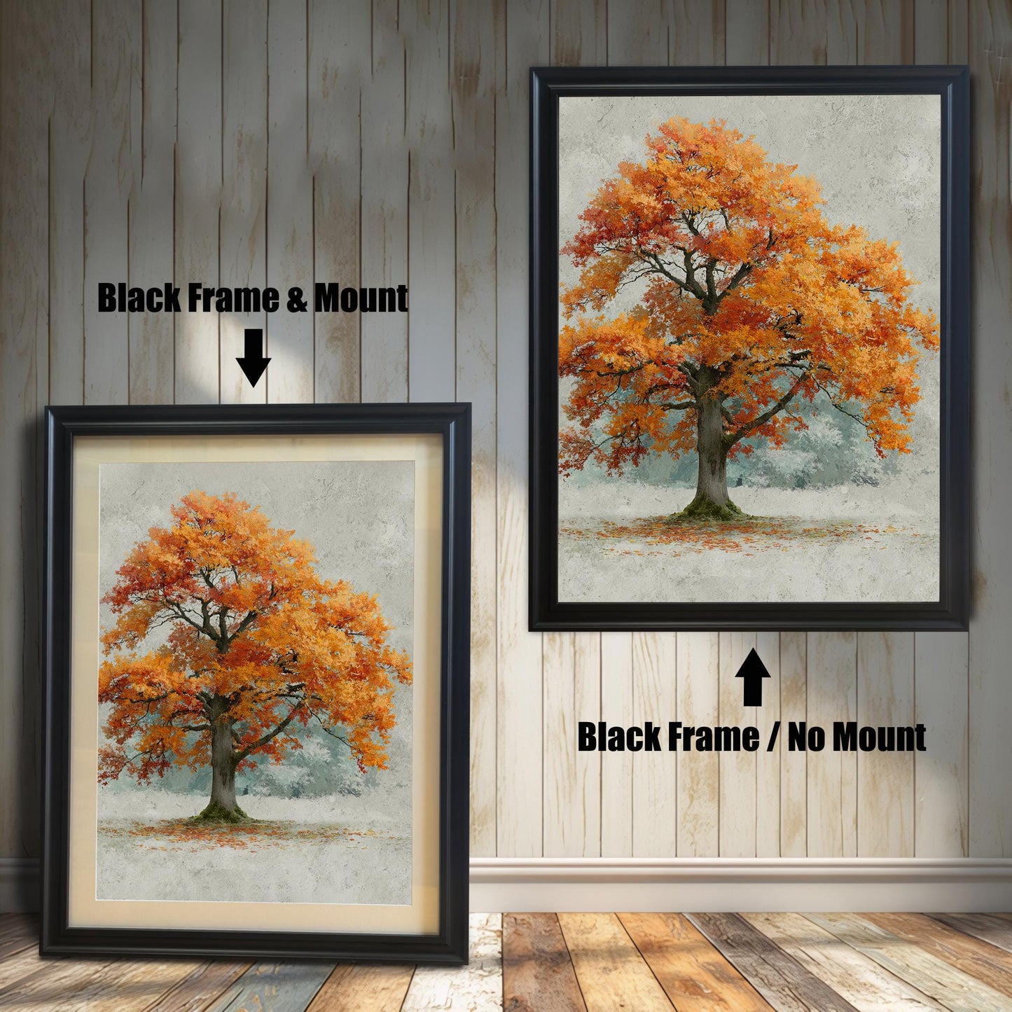 A side-by-side comparison of a framed autumn tree painting. The left image shows a black frame with a mount (mat), and the right shows a black frame with no mount.