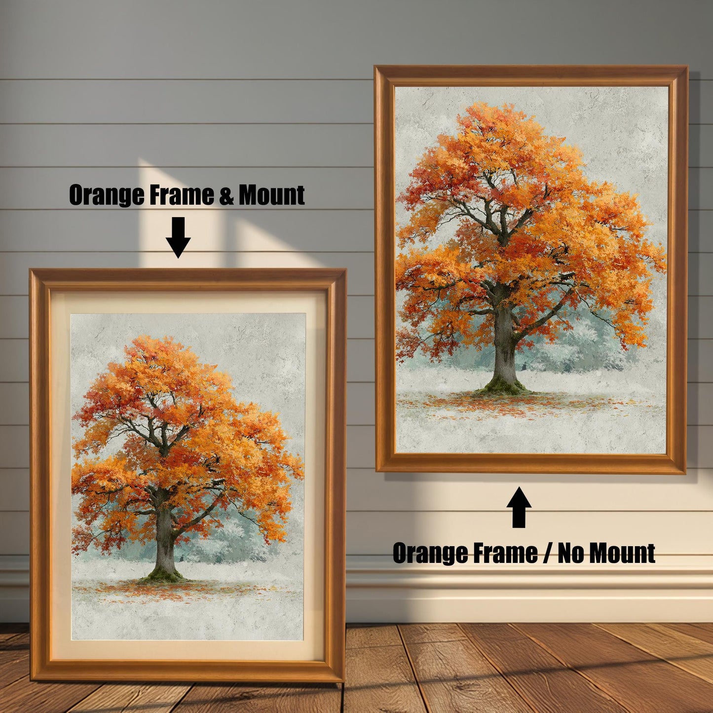 A side-by-side comparison of a framed autumn tree painting. The left image shows an orange-colored frame with a mount (mat), and the right shows an orange-colored frame with no mount.