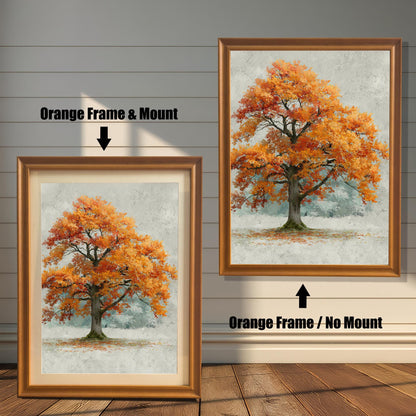 A side-by-side comparison of a framed autumn tree painting. The left image shows an orange-colored frame with a mount (mat), and the right shows an orange-colored frame with no mount.