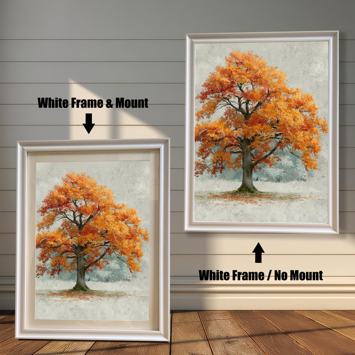 A side-by-side comparison of a framed autumn tree painting. The left image shows a white frame with a mount (mat), and the right shows a white frame with no mount.