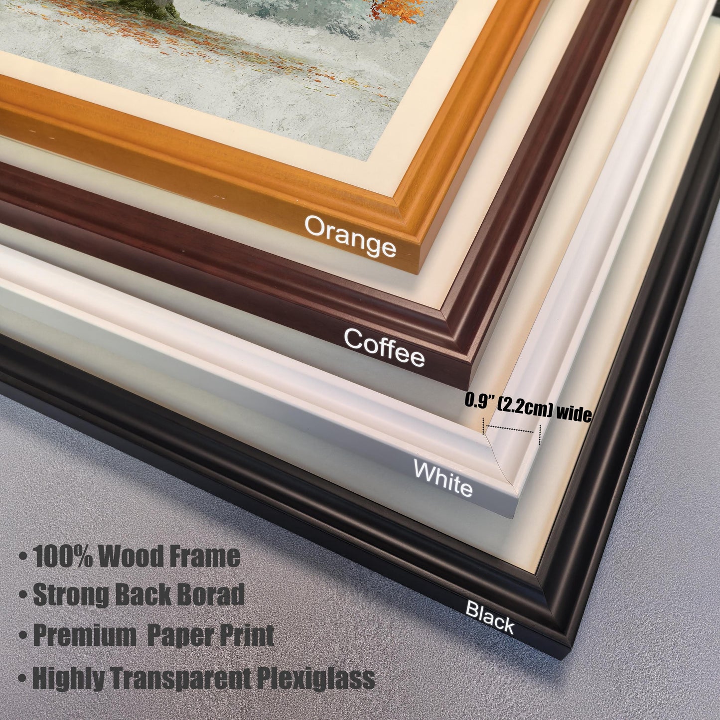 A close-up view of four frame corners in different colors: orange, coffee, white, and black. Text lists frame features like 100% wood and transparent plexiglass.