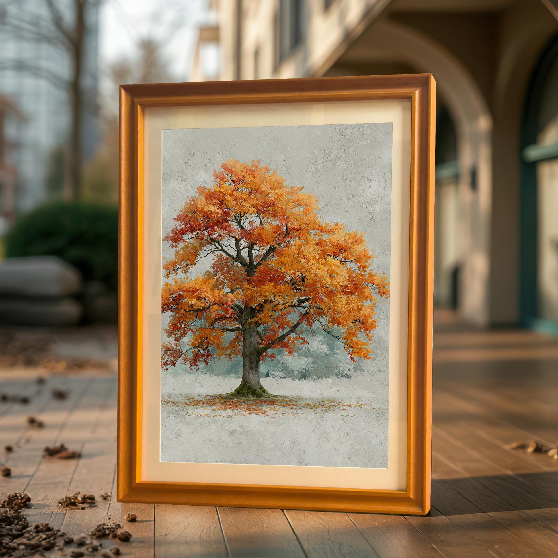 An orange-framed painting of an autumn tree is leaning on a wooden floor outdoors, with a building and scattered leaves in the background.