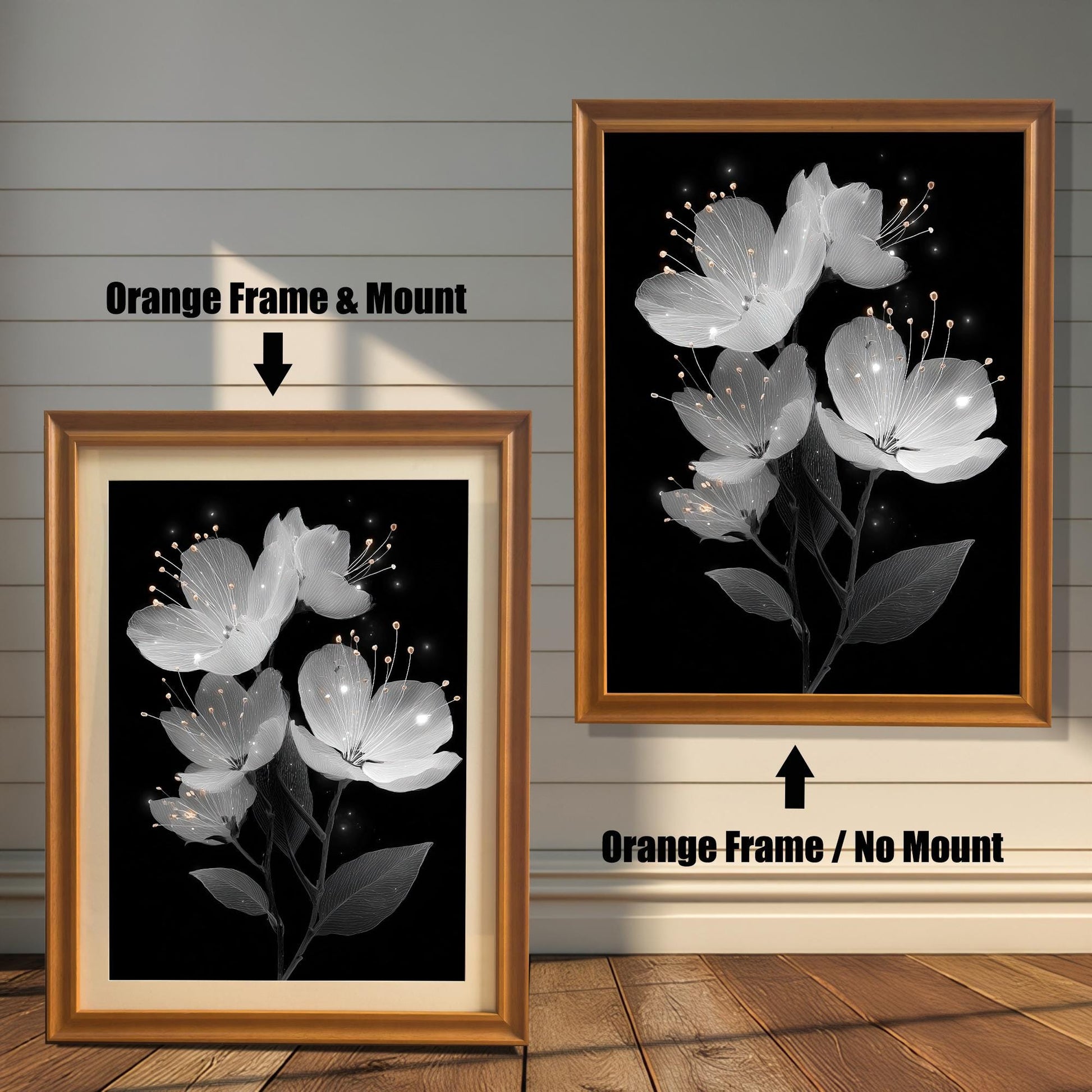 A side-by-side comparison of a framed white floral painting. The left image shows an orange-colored frame with a mount (mat), and the right shows an orange-colored frame with no mount.