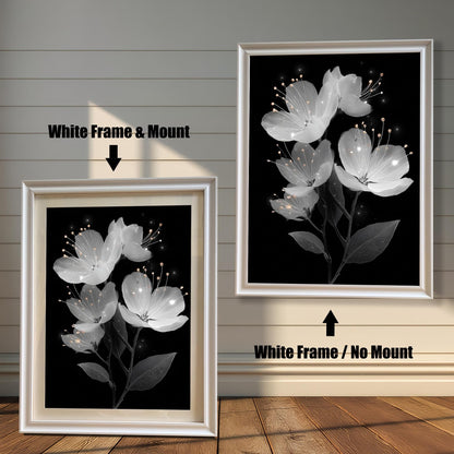 A side-by-side comparison of a framed white floral painting. The left image shows a white frame with a mount (mat), and the right shows a white frame with no mount.