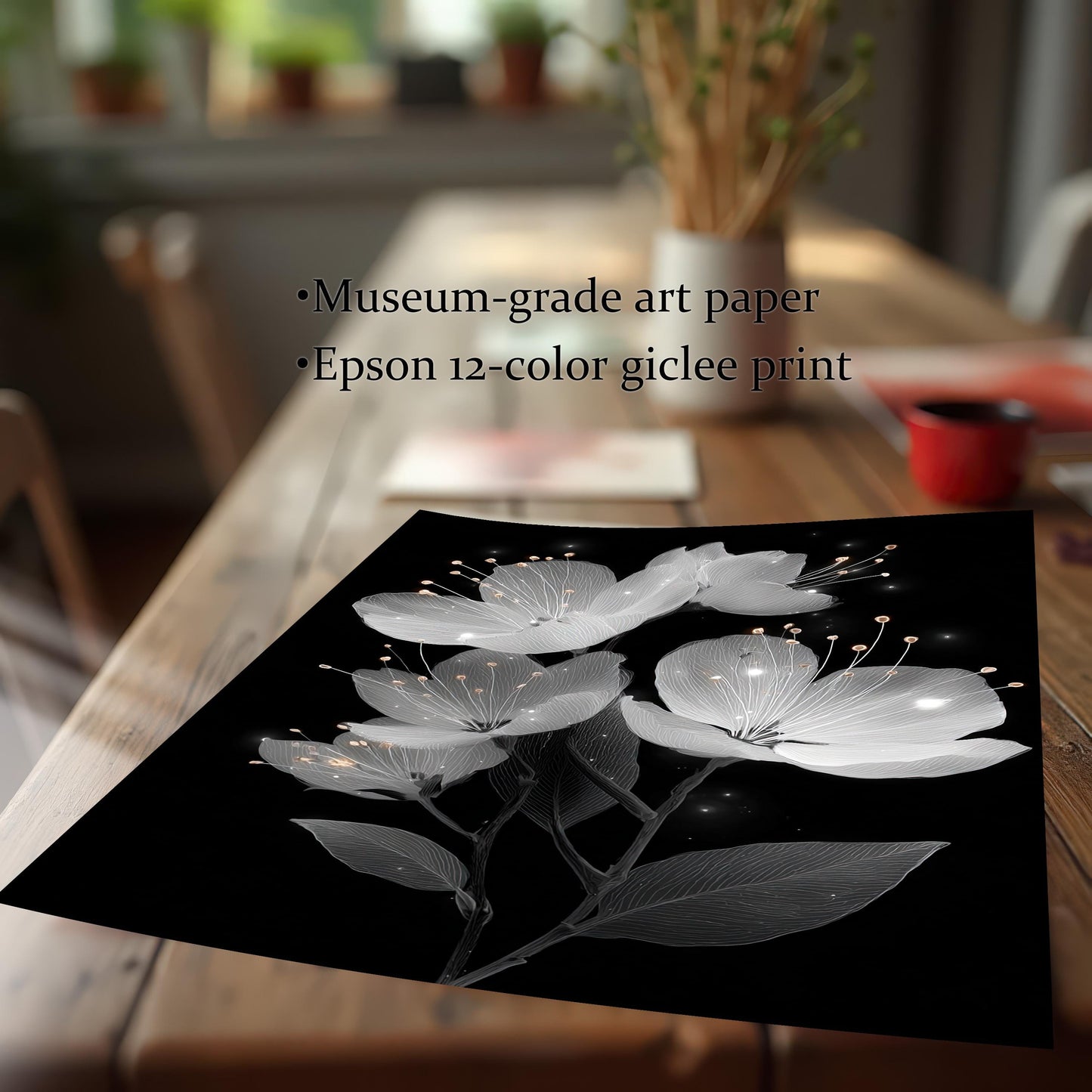 Wood Framed White Flowers Giclée Print: Minimalist Home Decor