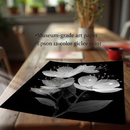Wood Framed White Flowers Giclée Print: Minimalist Home Decor