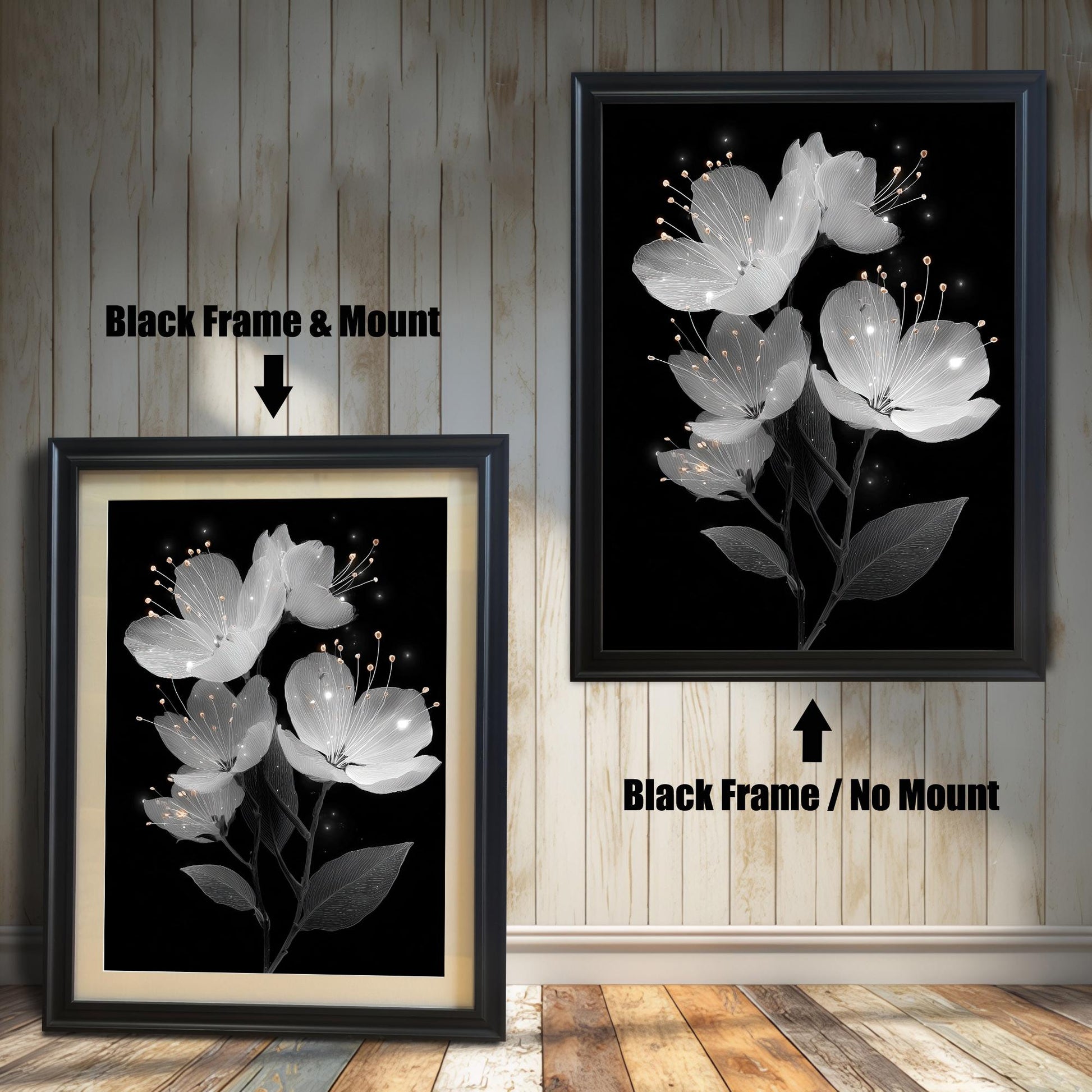 A side-by-side comparison of a framed white floral painting. The left image shows a black frame with a mount (mat), and the right shows a black frame with no mount.