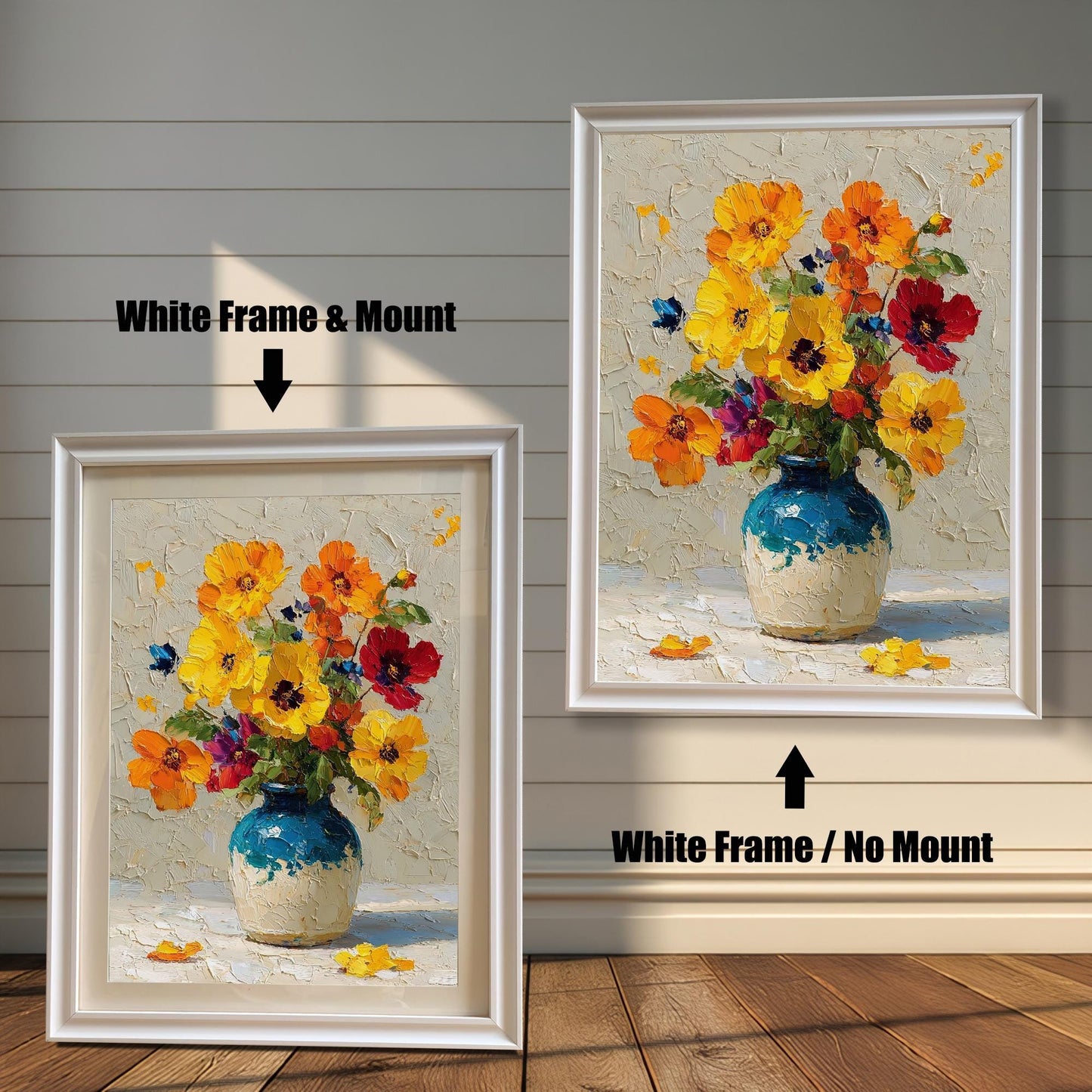 A side-by-side comparison of a framed painting of flowers in a vase. The left image shows a white frame with a mount (mat), and the right shows a white frame with no mount.