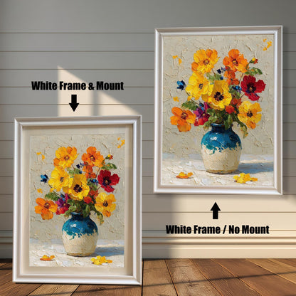 A side-by-side comparison of a framed painting of flowers in a vase. The left image shows a white frame with a mount (mat), and the right shows a white frame with no mount.