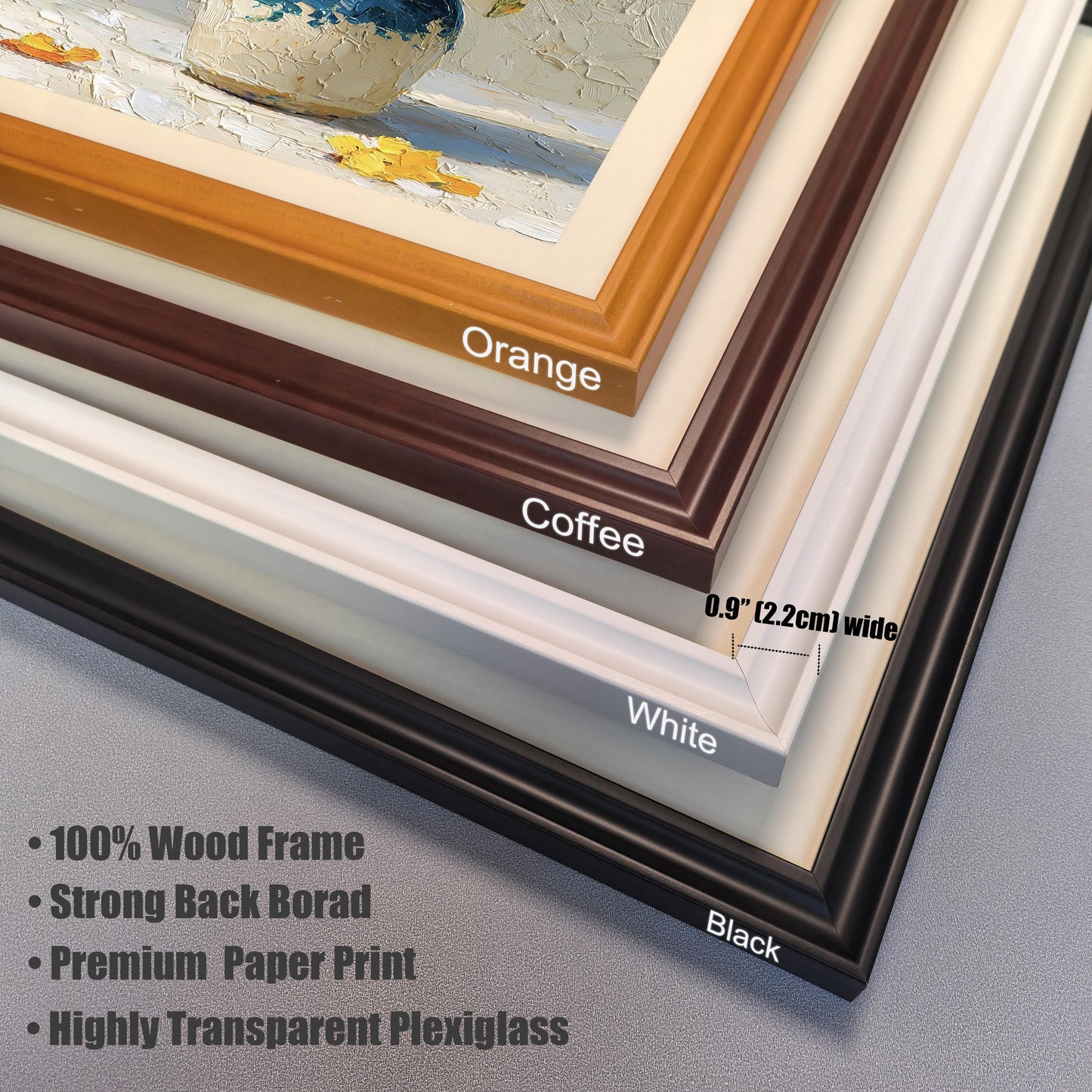 A close-up view of four frame corners in different colors: orange, coffee, white, and black. Text lists frame features like 100% wood and transparent plexiglass.