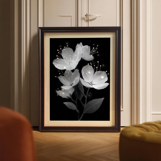 A coffee-colored framed painting of white flowers is propped up on a wooden floor in front of a white door with decorative molding.