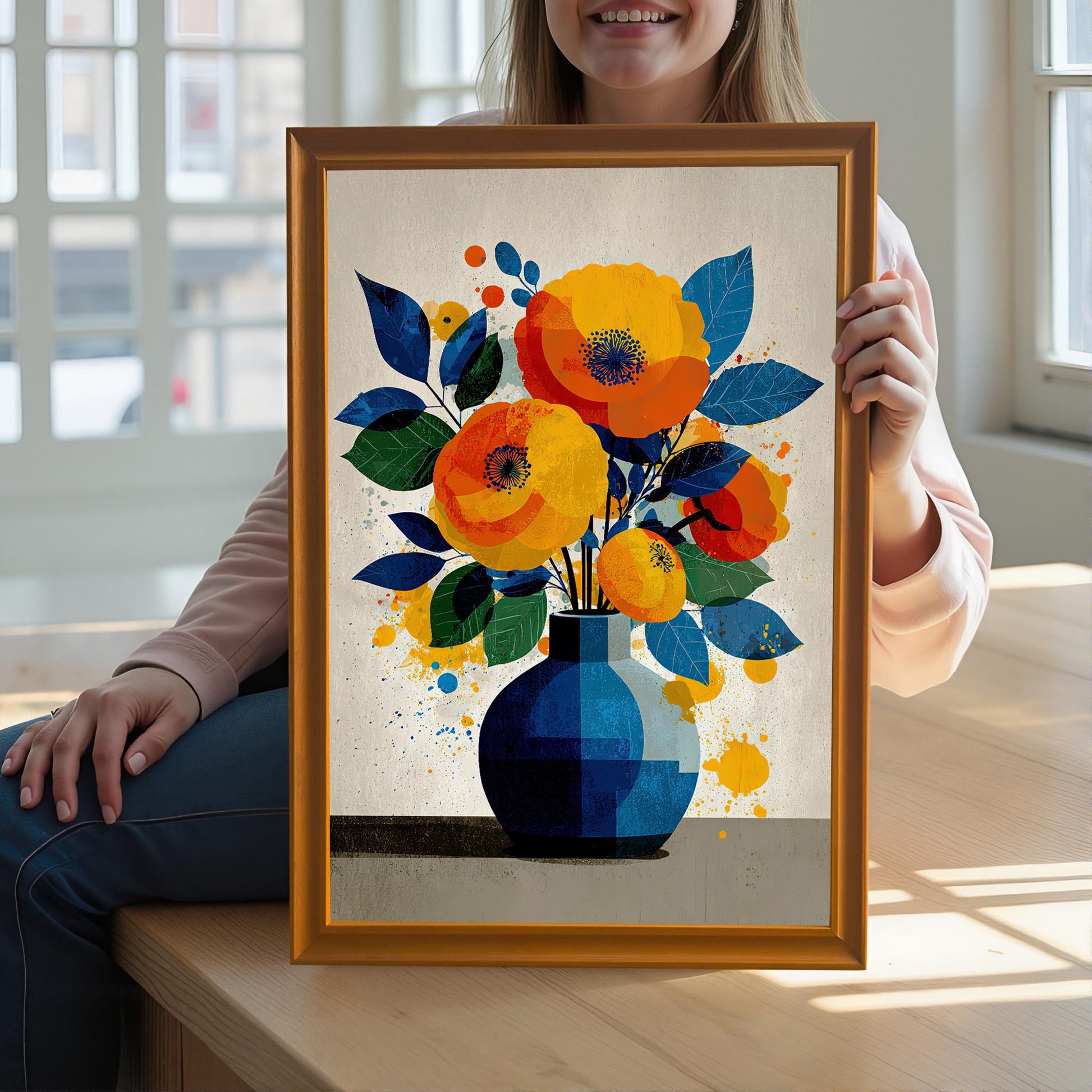 A person holds a framed painting of a vase with yellow and orange flowers, showing the gold-toned frame.