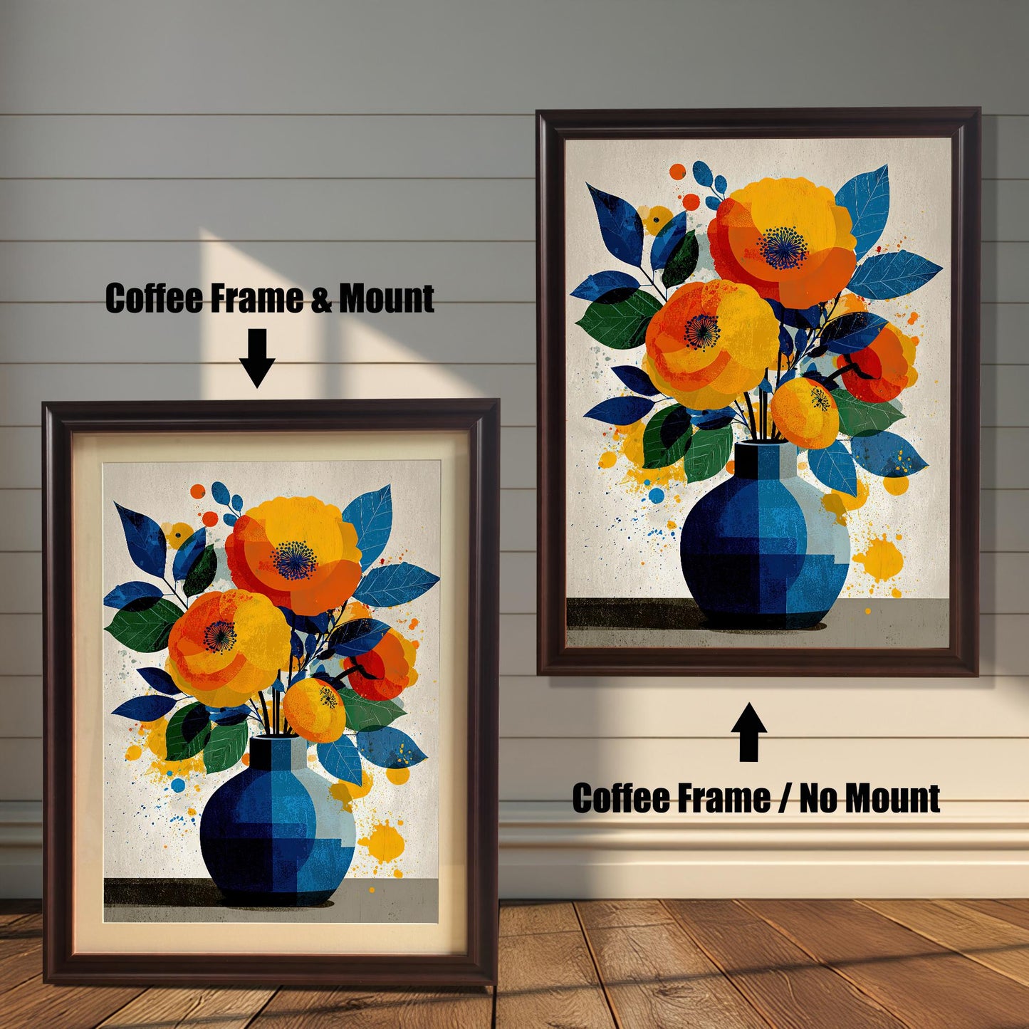 A side-by-side comparison of a framed painting of flowers in a vase. The left image shows a coffee-colored frame with a mount (mat), and the right shows a coffee-colored frame with no mount.