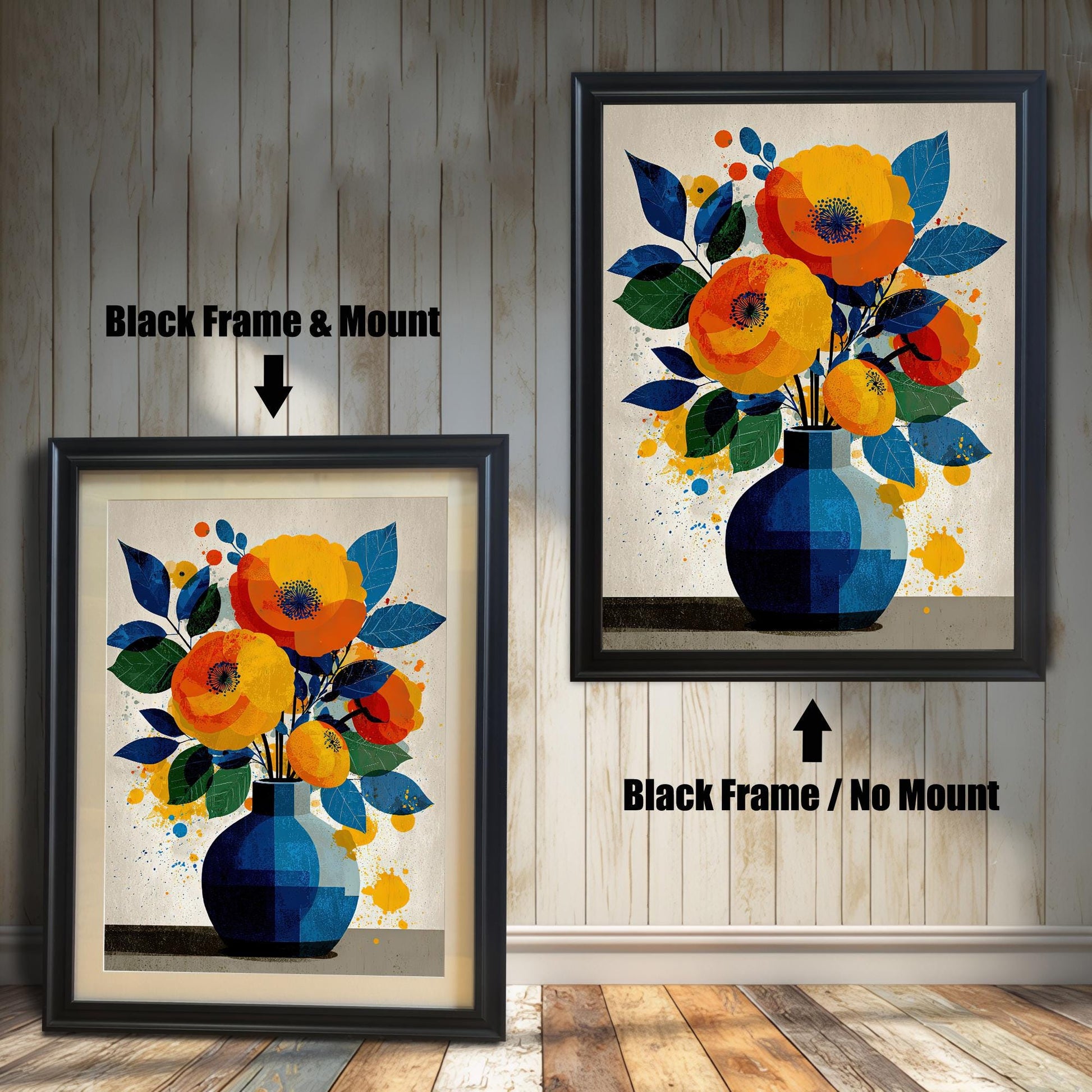 A side-by-side comparison of a framed painting of flowers in a vase. The left image shows a black frame with a mount (mat), and the right shows a black frame with no mount.
