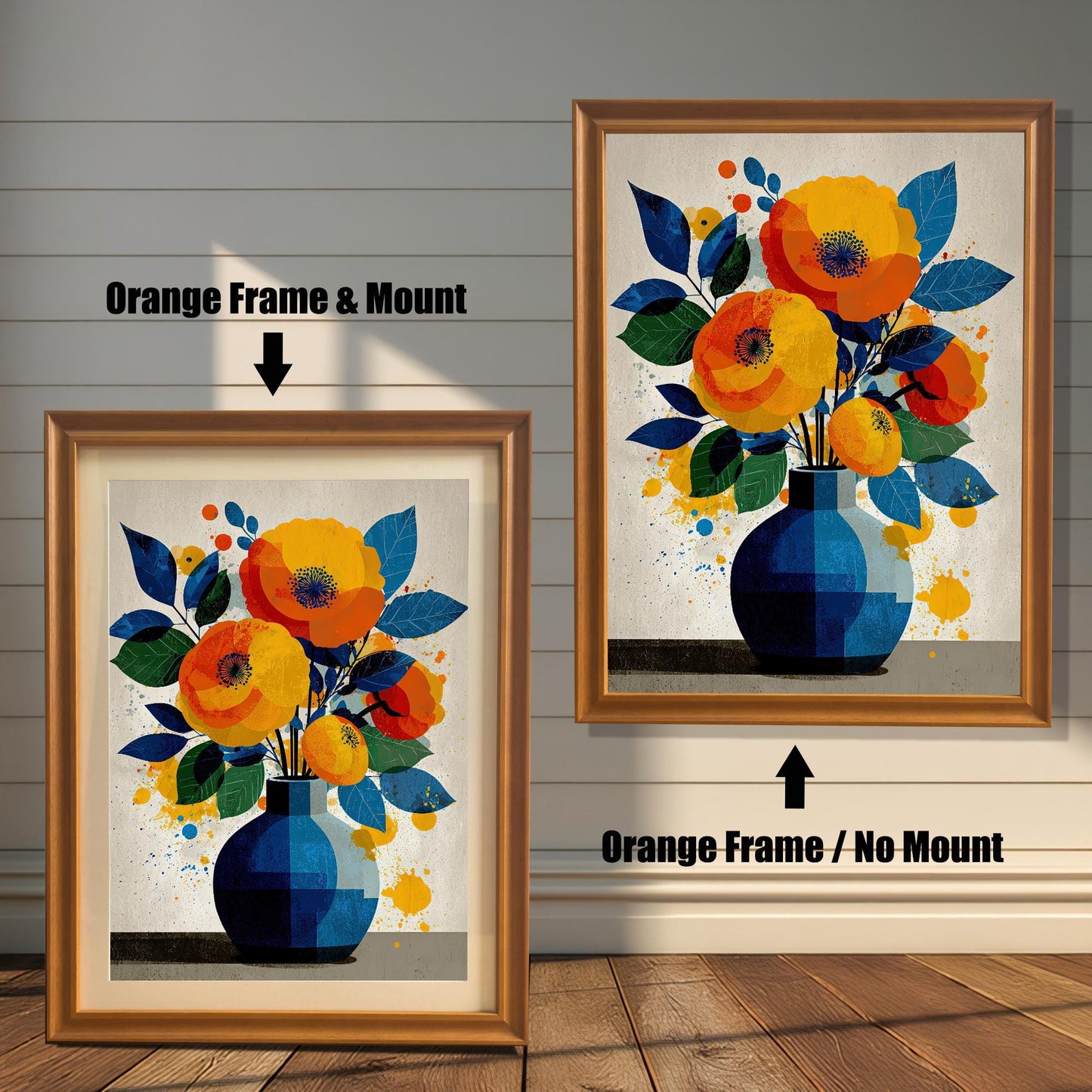 A side-by-side comparison of a framed painting of flowers in a vase. The left image shows an orange-colored frame with a mount (mat), and the right shows an orange-colored frame with no mount.