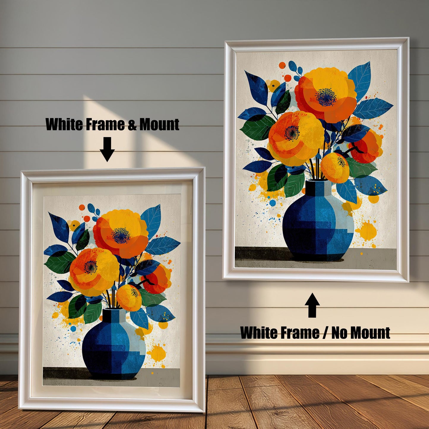 A side-by-side comparison of a framed painting of flowers in a vase. The left image shows a white frame with a mount (mat), and the right shows a white frame with no mount.