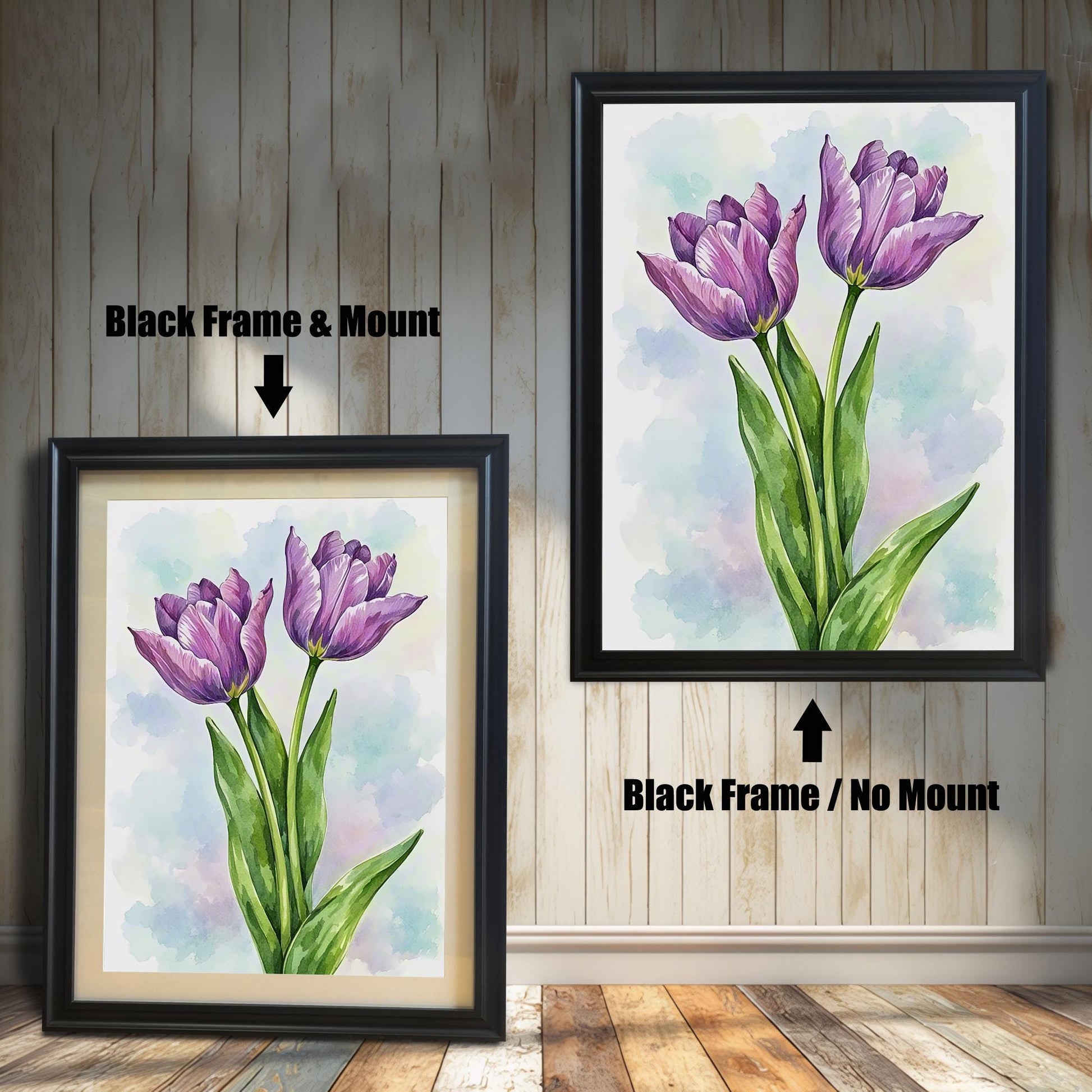 Two framed art prints of purple tulips on a wooden floor. The print on the left is in a black frame with a mount, and the one on the right is in a black frame without a mount.