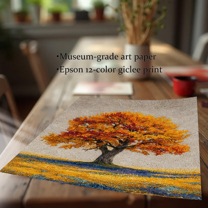 A square print of an autumn tree with orange leaves is on a wooden table. The text "Museum-grade art paper" and "Epson 12-color giclee print" is on the image.