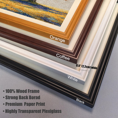 A close-up view of the corners of four different picture frames, stacked on a gray surface. The frame colors are orange, coffee, white, and black. Text describes the frames as "100% Wood Frame" and "Premium Paper Print."