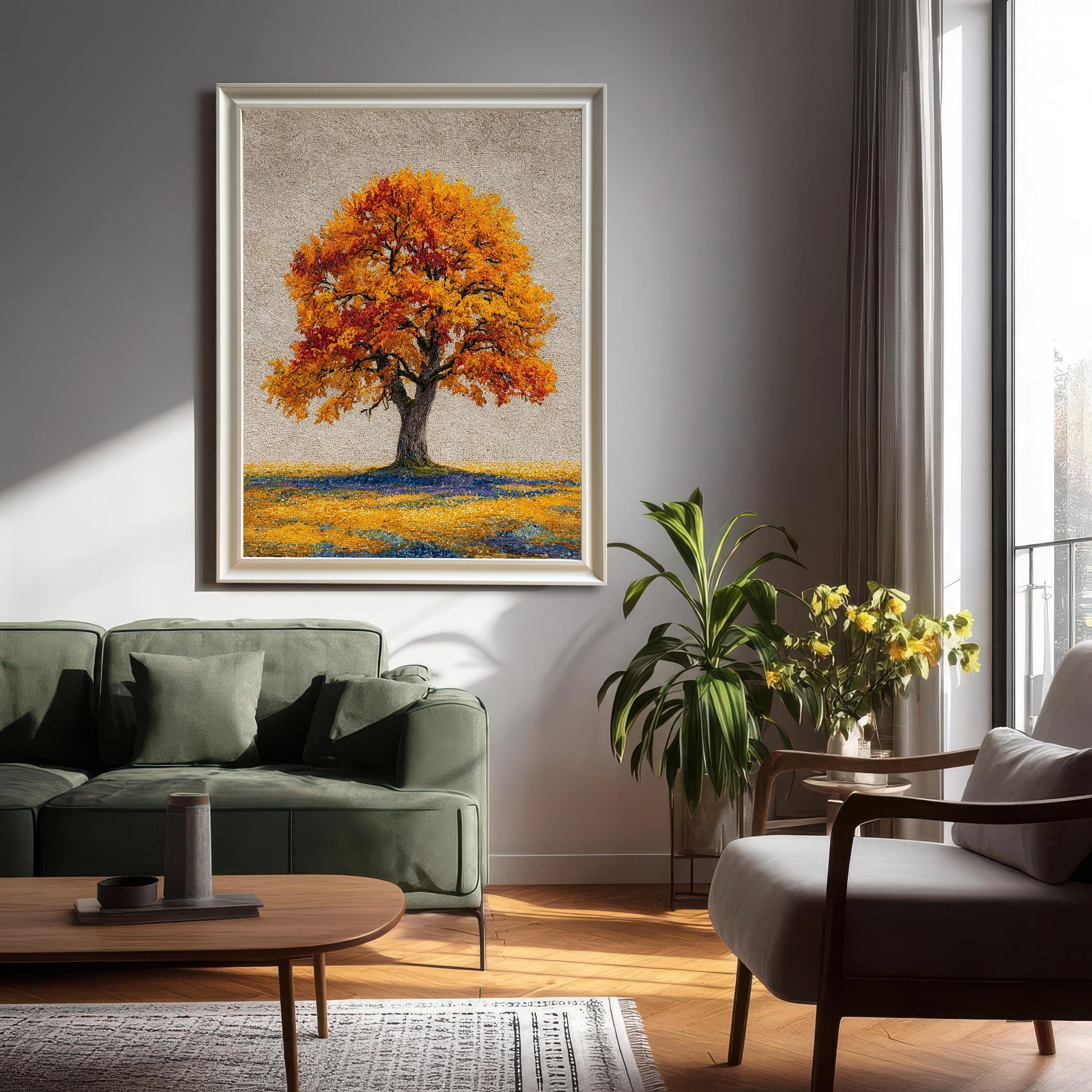 A large framed art print of an autumn tree hangs on a gray wall above a green couch and a round coffee table. A potted plant and a floor lamp are on the right.