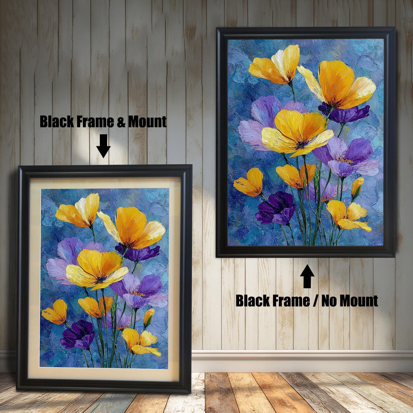 Two framed art prints of yellow and purple flowers on a wooden floor. The print on the left is in a black frame with a mount, and the one on the right is in a black frame without a mount.