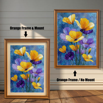 Two framed art prints of yellow and purple flowers on a wooden floor. The print on the left is in an orange frame with a mount, and the one on the right is in an orange frame without a mount.