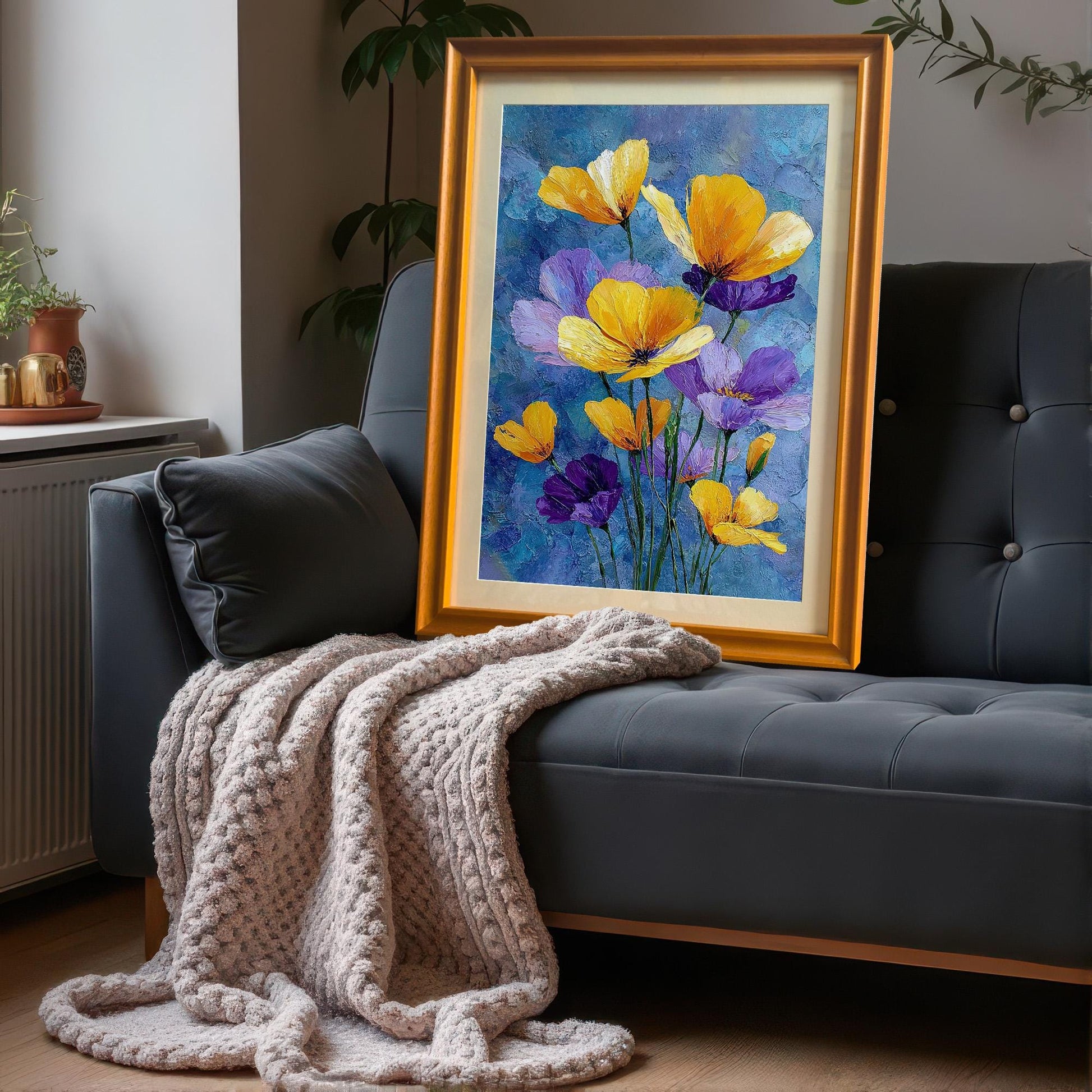 A framed painting of yellow and purple flowers is propped up on a gray couch, next to a cozy, knitted throw blanket.