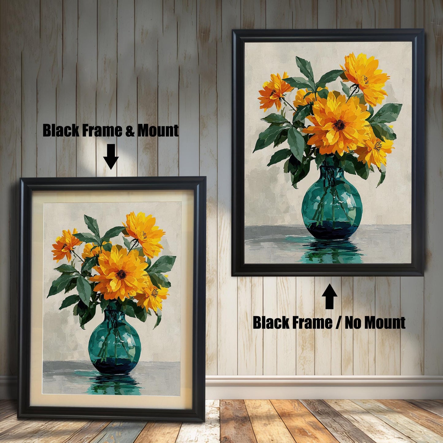 Two framed art prints of yellow flowers in a green vase on a wooden floor. The print on the left is in a black frame with a mount, and the one on the right is in a black frame without a mount.