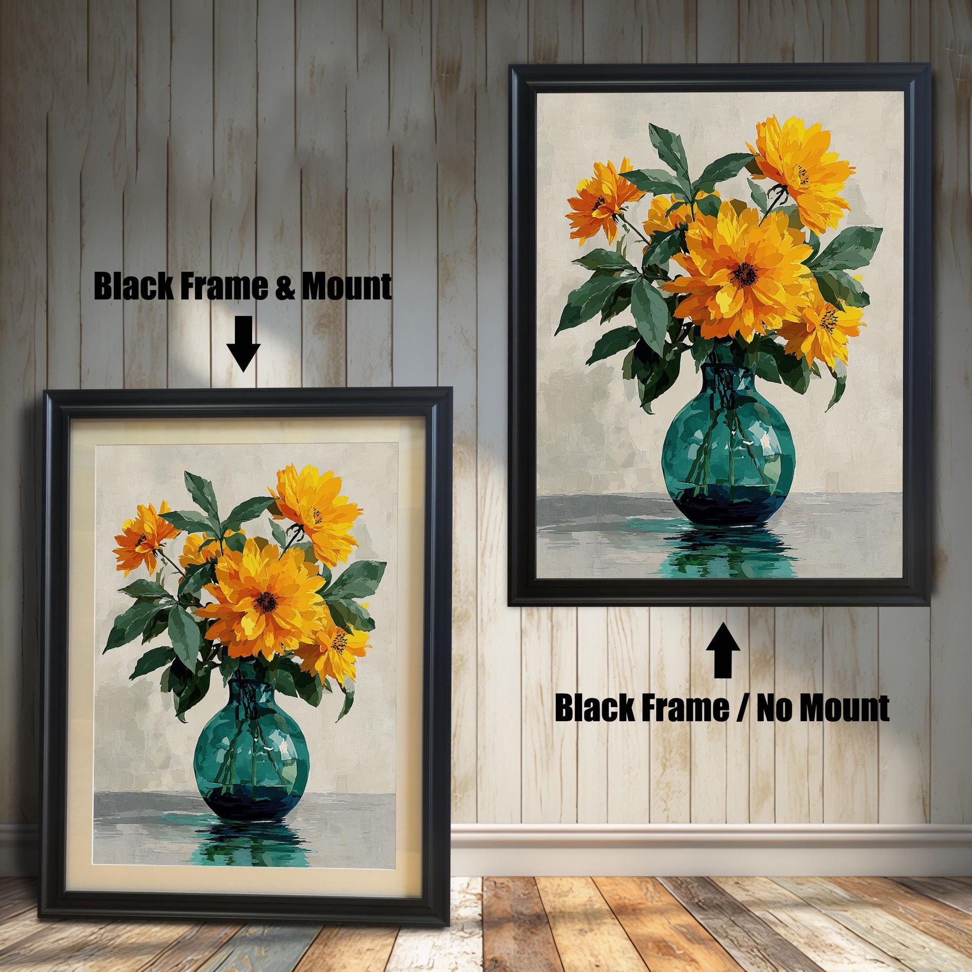 Two framed art prints of yellow flowers in a green vase on a wooden floor. The print on the left is in a black frame with a mount, and the one on the right is in a black frame without a mount.