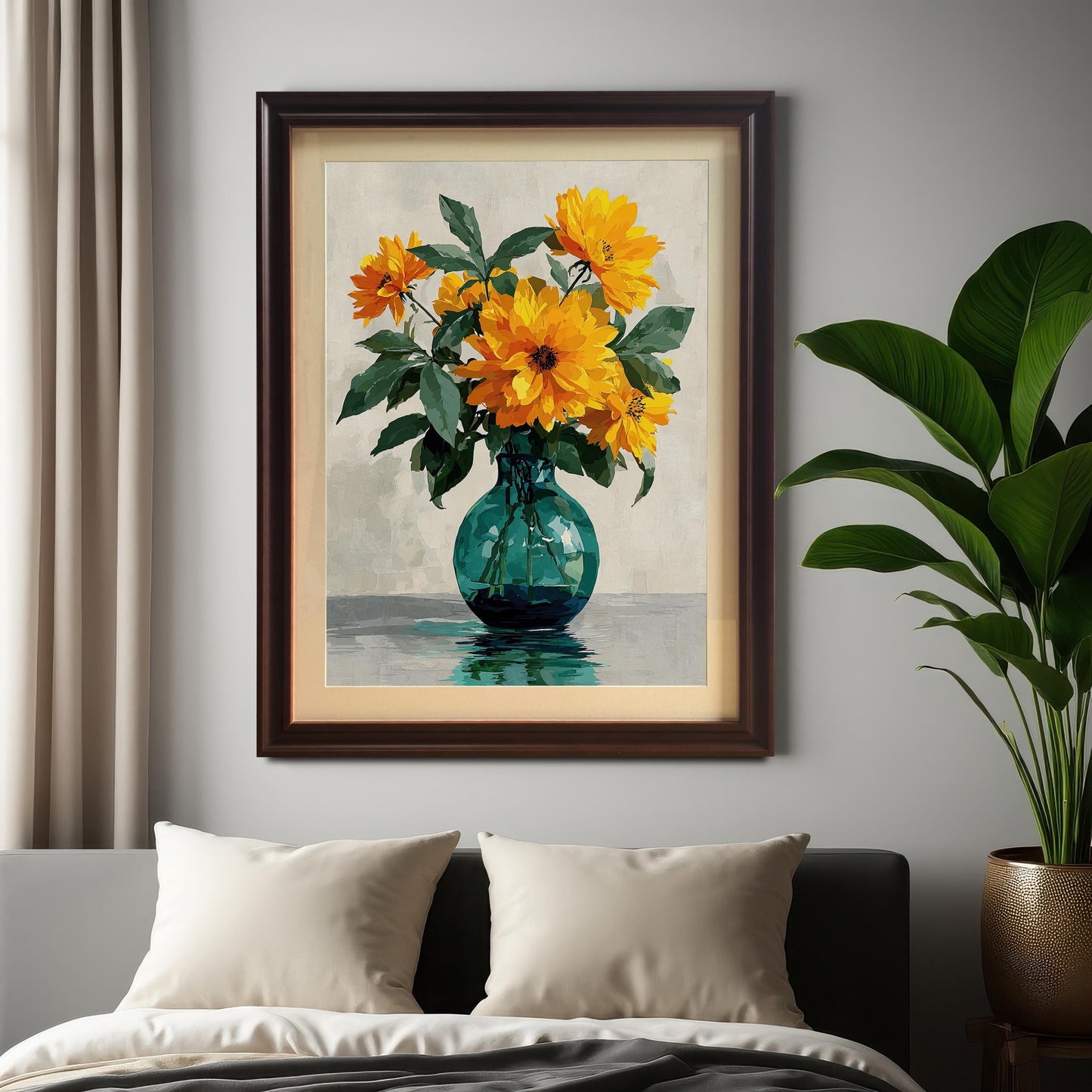 A framed painting of yellow flowers in a green vase hangs on a gray wall above a bed with white pillows. A large green potted plant sits to the right of the painting.