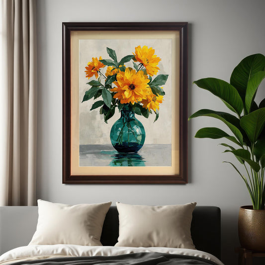A framed painting of yellow flowers in a green vase hangs on a gray wall above a bed with white pillows. A large green potted plant sits to the right of the painting.