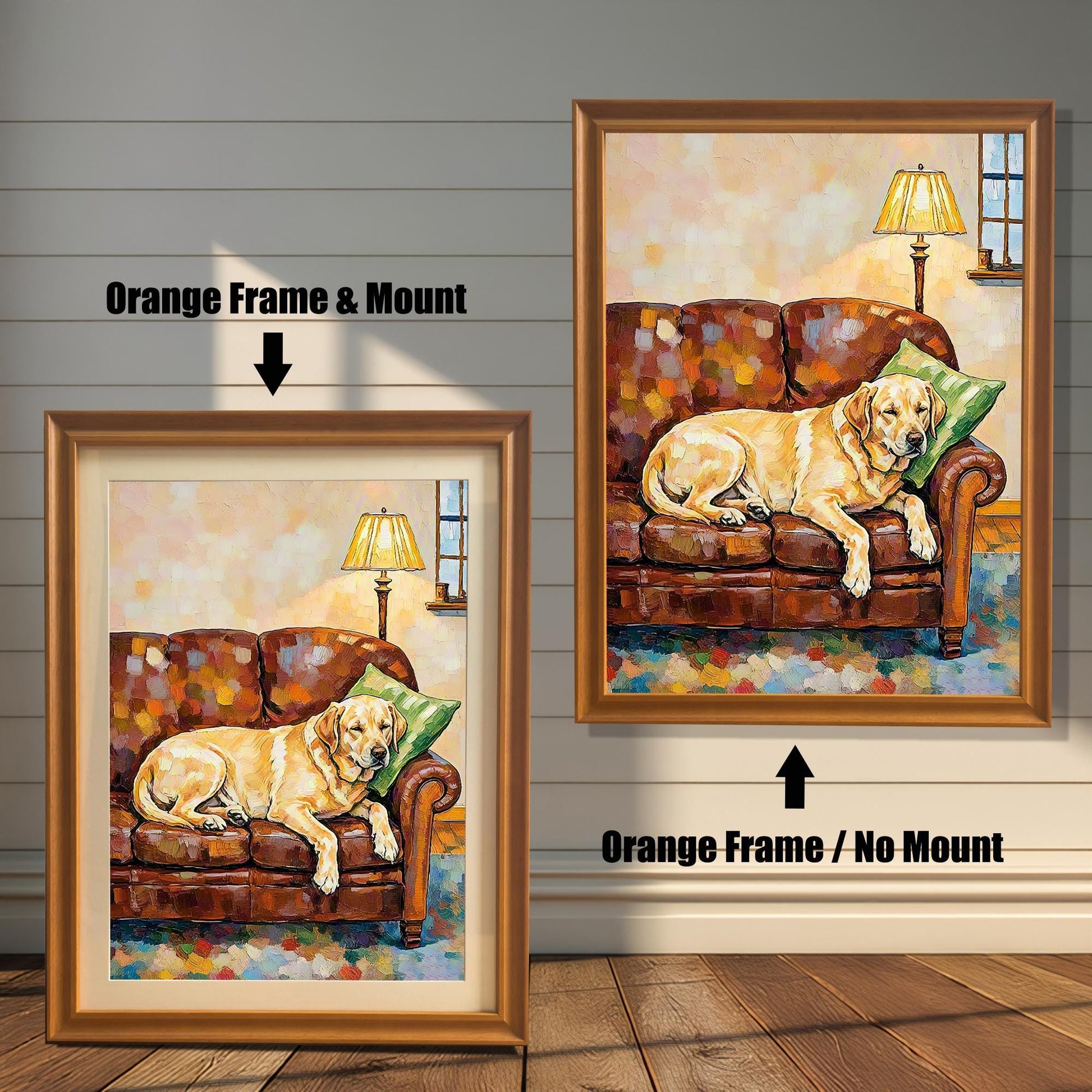 Two framed paintings of a yellow lab on a couch against a white wood wall. One has an orange frame with a white border (mount), and the other is a larger orange frame with no border.