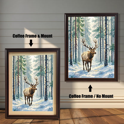 Two framed paintings of an elk in a snowy forest against a white wood paneled wall. One has a dark brown frame with a white border (mount), and the other is a larger dark brown frame with no border.
