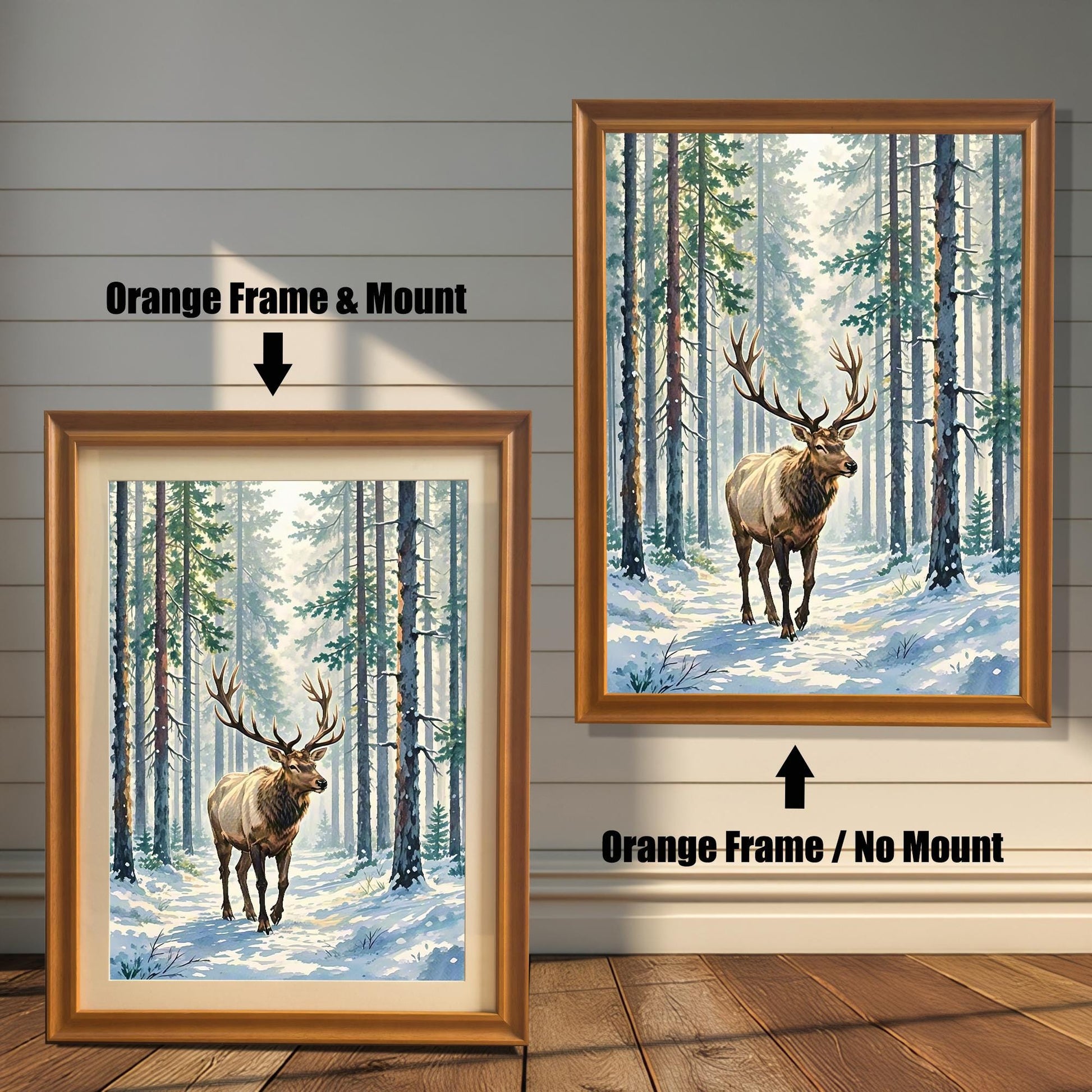 Two framed paintings of an elk in a snowy forest against a white wood paneled wall. One has an orange frame with a white border (mount), and the other is a larger orange frame with no border.
