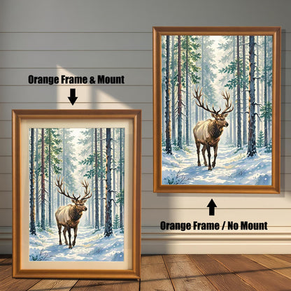 Two framed paintings of an elk in a snowy forest against a white wood paneled wall. One has an orange frame with a white border (mount), and the other is a larger orange frame with no border.