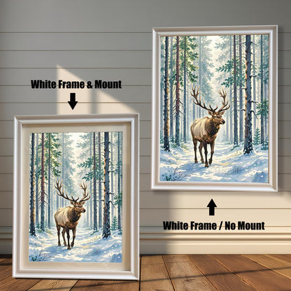 Two framed paintings of an elk in a snowy forest against a white wood paneled wall. One has a white frame with a white border (mount), and the other is a larger white frame with no border.
