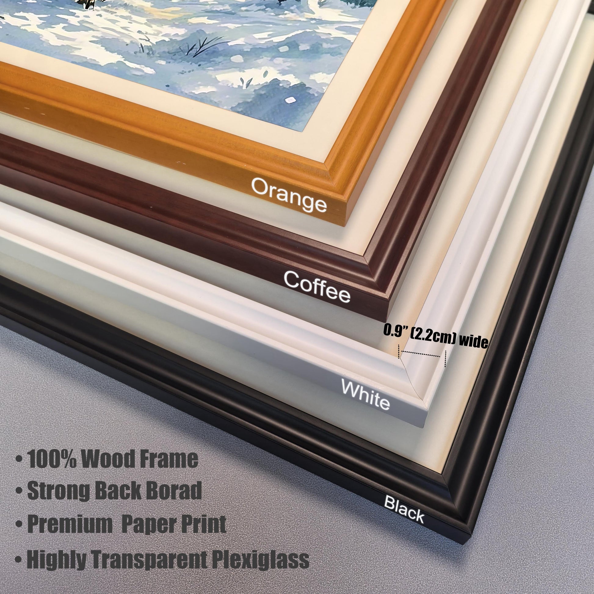 A close-up of the corners of four different picture frames: orange, coffee (dark brown), white, and black. Text describes the material as 100% wood with a 0.9-inch width.
