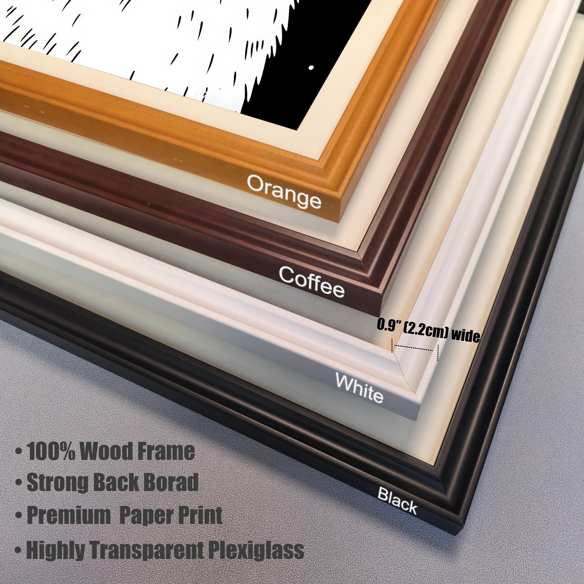 A close-up of the four frame options: Black, White, Coffee, and Orange. Text describes frame features: 100% Wood Frame, Strong Back Board, Premium Paper Print, and Highly Transparent Plexiglass.