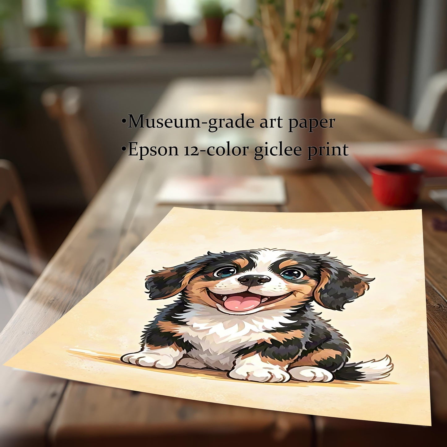 A close-up of a high-quality art print on paper of a cute, cartoon puppy sitting on a wooden table. Text lists product features: Museum-grade art paper and Epson 12-color giclee print.