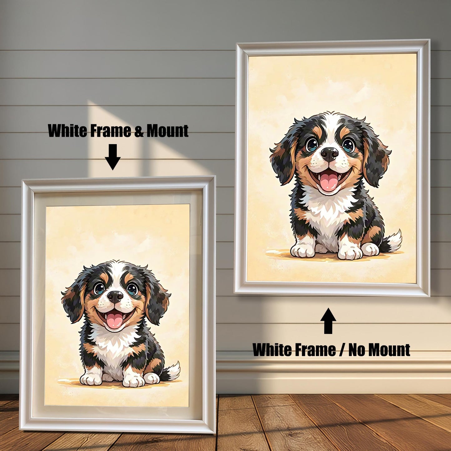 A comparison of two framed prints of the cute cartoon puppy. One has a white frame with a mount (mat), and the other has a white frame with no mount.