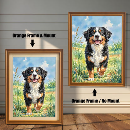 A comparison of two framed prints of the Bernese mountain dog painting. One has an orange frame with a mount (mat), and the other has an orange frame with no mount.