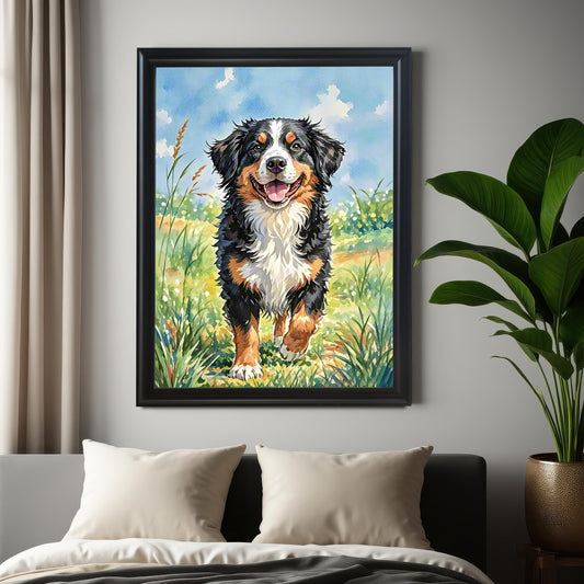 A framed art print of a happy Bernese mountain dog running in a field, hung above a bed with white pillows and a dark comforter.