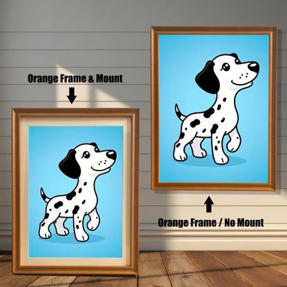 A comparison of two framed prints of the cartoon Dalmatian. One has an orange frame with a mount (mat), and the other has an orange frame with no mount.