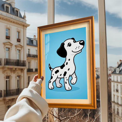 A person holds a framed art print of a cute cartoon Dalmatian up to a window with a view of European-style buildings and a blue sky.